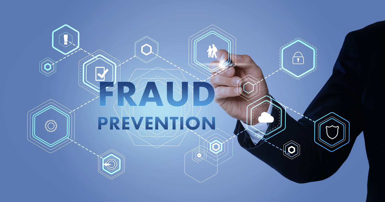 Fraud Prevention. Man Using Digital Screen, Closeup. Scheme with Icons on Light Blue Background